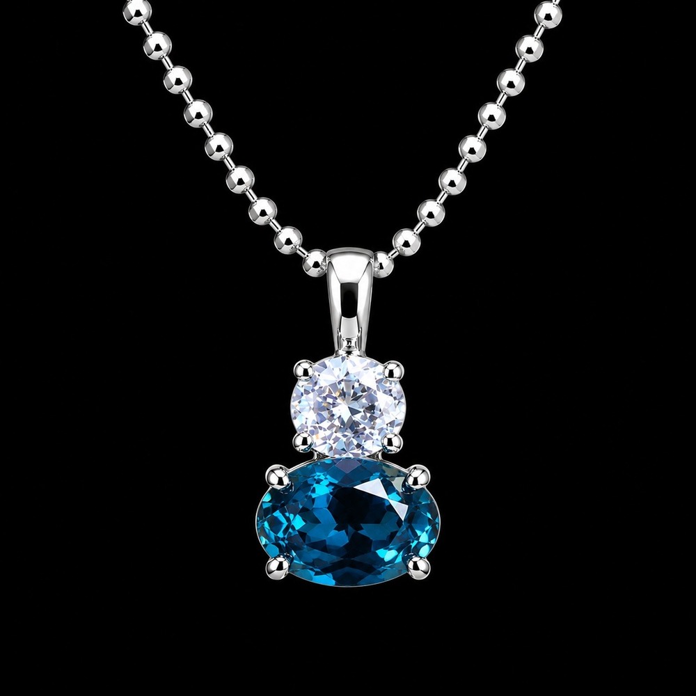 Necklace Silver Overlay Blue Pendant Choker Chain Made with Swarovski Crystals